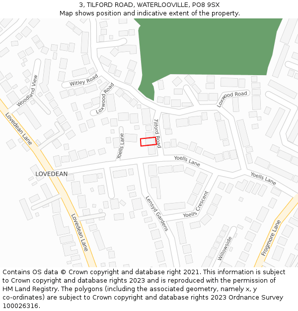 3, TILFORD ROAD, WATERLOOVILLE, PO8 9SX: Location map and indicative extent of plot