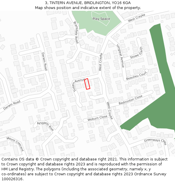 3, TINTERN AVENUE, BRIDLINGTON, YO16 6GA: Location map and indicative extent of plot
