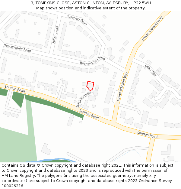 3, TOMPKINS CLOSE, ASTON CLINTON, AYLESBURY, HP22 5WH: Location map and indicative extent of plot