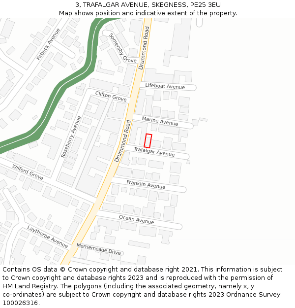 3, TRAFALGAR AVENUE, SKEGNESS, PE25 3EU: Location map and indicative extent of plot