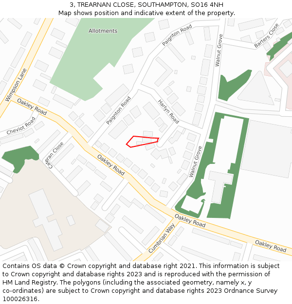 3, TREARNAN CLOSE, SOUTHAMPTON, SO16 4NH: Location map and indicative extent of plot