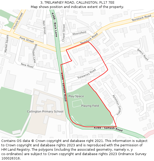 3, TRELAWNEY ROAD, CALLINGTON, PL17 7EE: Location map and indicative extent of plot