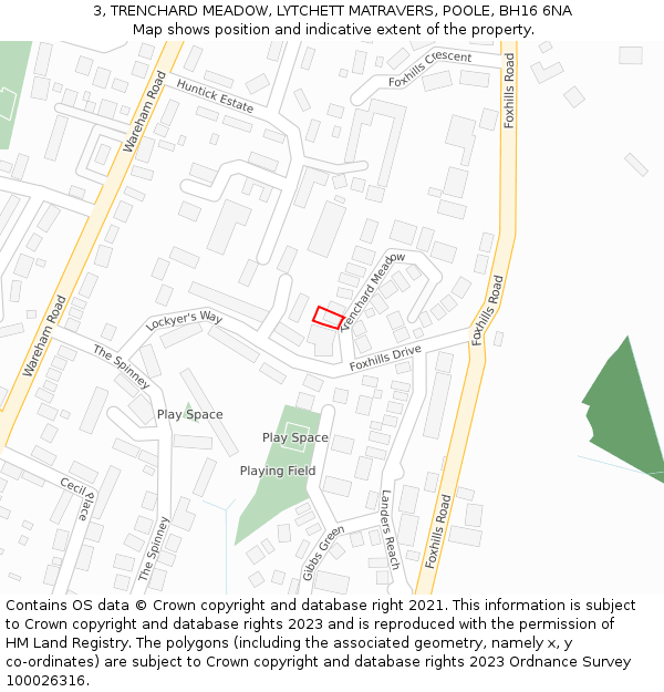 3, TRENCHARD MEADOW, LYTCHETT MATRAVERS, POOLE, BH16 6NA: Location map and indicative extent of plot