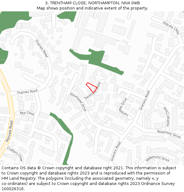 3, TRENTHAM CLOSE, NORTHAMPTON, NN4 0WB: Location map and indicative extent of plot