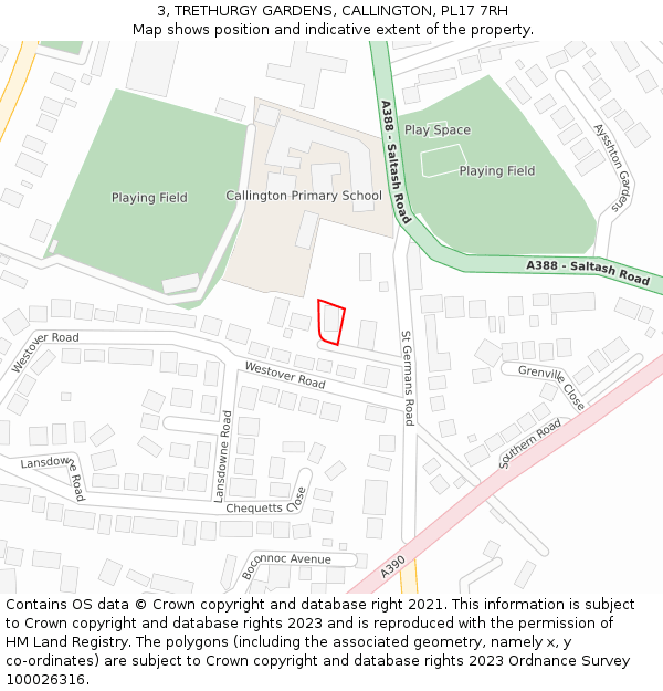 3, TRETHURGY GARDENS, CALLINGTON, PL17 7RH: Location map and indicative extent of plot