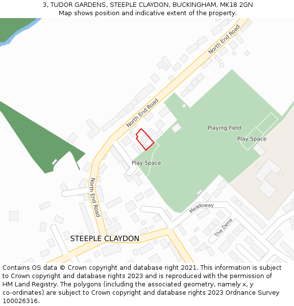 3, TUDOR GARDENS, STEEPLE CLAYDON, BUCKINGHAM, MK18 2GN: Location map and indicative extent of plot