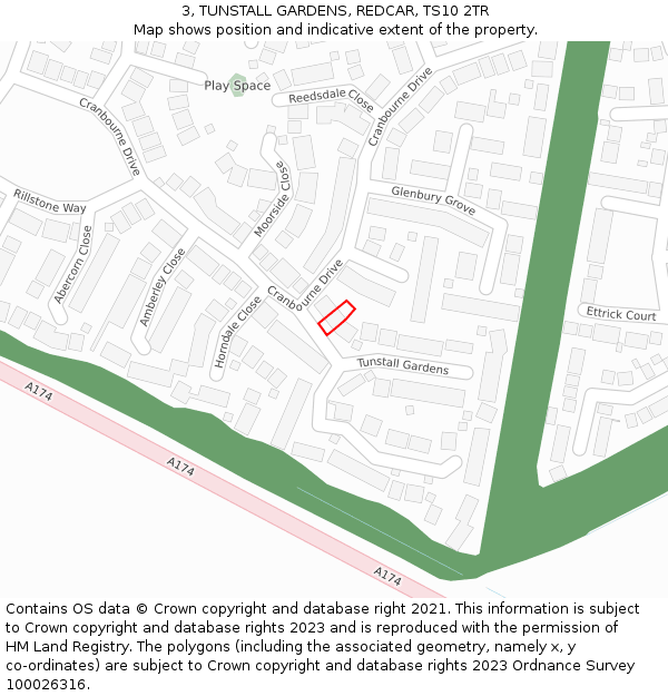 3, TUNSTALL GARDENS, REDCAR, TS10 2TR: Location map and indicative extent of plot