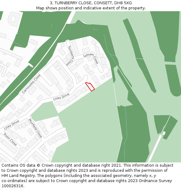 3, TURNBERRY CLOSE, CONSETT, DH8 5XG: Location map and indicative extent of plot