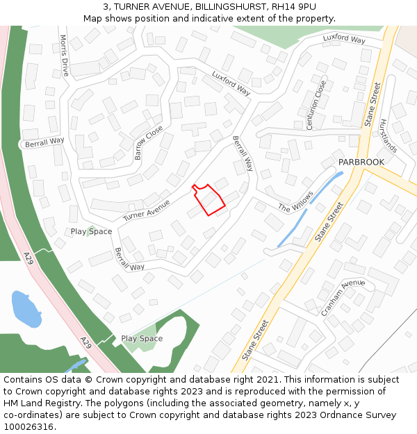 3, TURNER AVENUE, BILLINGSHURST, RH14 9PU: Location map and indicative extent of plot