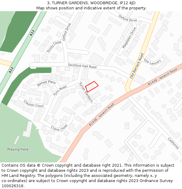 3, TURNER GARDENS, WOODBRIDGE, IP12 4JD: Location map and indicative extent of plot