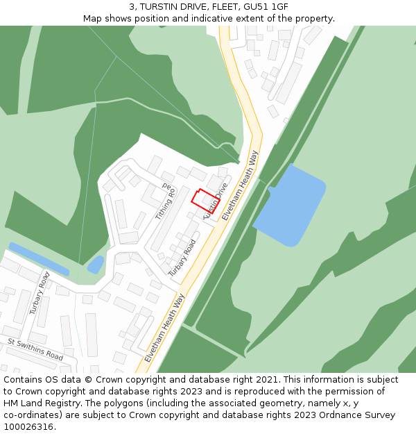 3, TURSTIN DRIVE, FLEET, GU51 1GF: Location map and indicative extent of plot