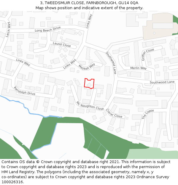 3, TWEEDSMUIR CLOSE, FARNBOROUGH, GU14 0QA: Location map and indicative extent of plot