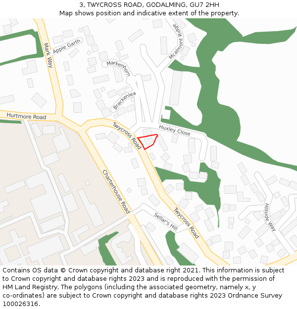 3, TWYCROSS ROAD, GODALMING, GU7 2HH: Location map and indicative extent of plot