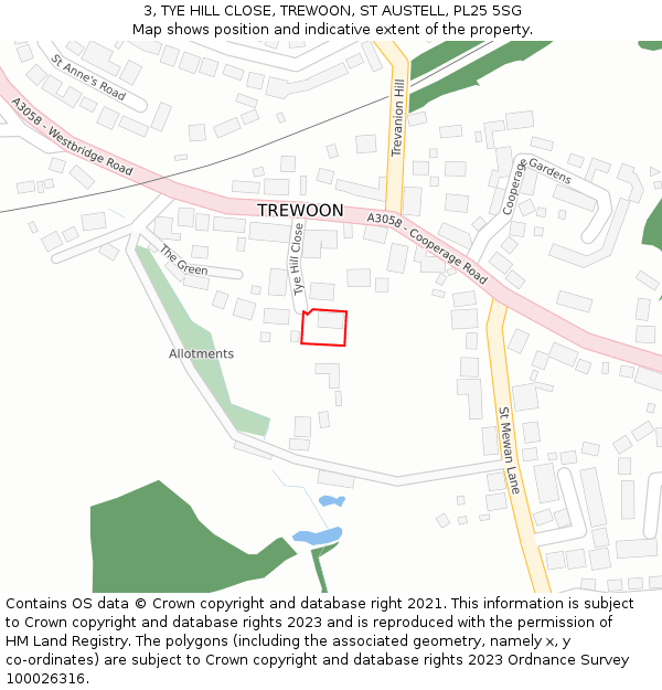 3, TYE HILL CLOSE, TREWOON, ST AUSTELL, PL25 5SG: Location map and indicative extent of plot