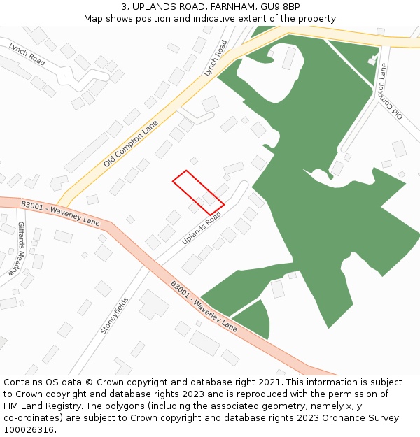 3, UPLANDS ROAD, FARNHAM, GU9 8BP: Location map and indicative extent of plot