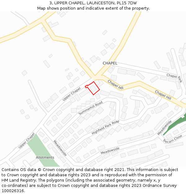 3, UPPER CHAPEL, LAUNCESTON, PL15 7DW: Location map and indicative extent of plot