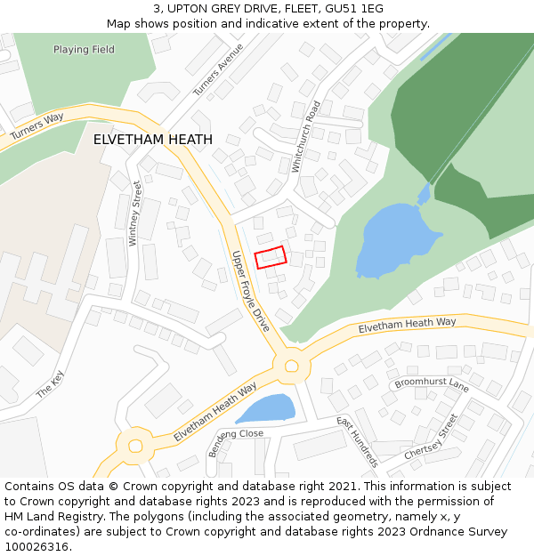 3, UPTON GREY DRIVE, FLEET, GU51 1EG: Location map and indicative extent of plot