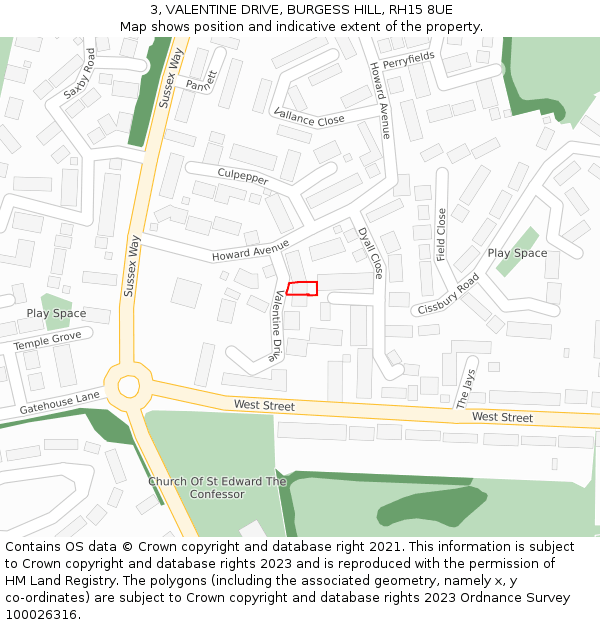 3, VALENTINE DRIVE, BURGESS HILL, RH15 8UE: Location map and indicative extent of plot