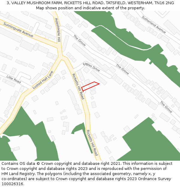 3, VALLEY MUSHROOM FARM, RICKETTS HILL ROAD, TATSFIELD, WESTERHAM, TN16 2NG: Location map and indicative extent of plot