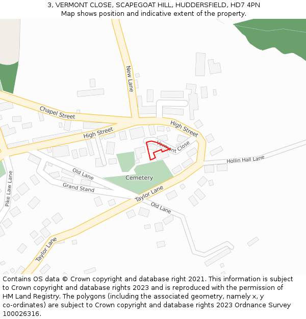 3, VERMONT CLOSE, SCAPEGOAT HILL, HUDDERSFIELD, HD7 4PN: Location map and indicative extent of plot