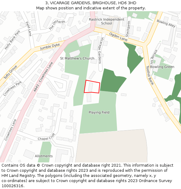 3, VICARAGE GARDENS, BRIGHOUSE, HD6 3HD: Location map and indicative extent of plot