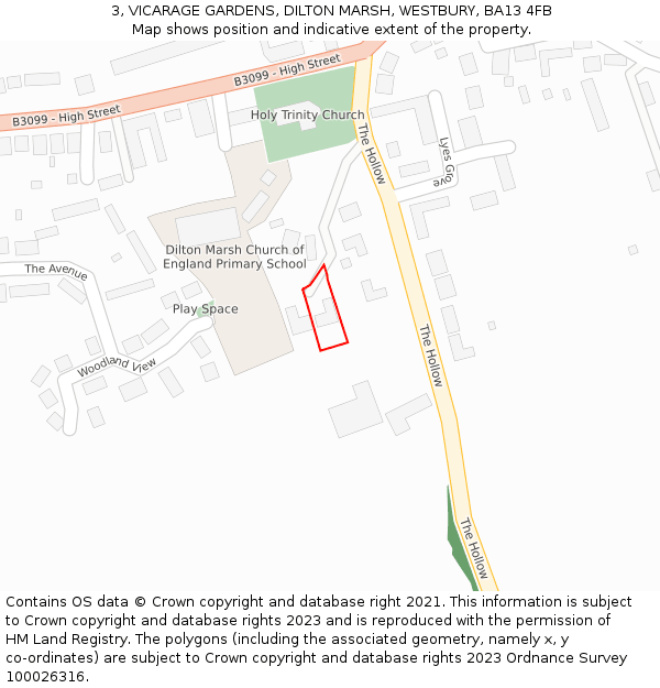 3, VICARAGE GARDENS, DILTON MARSH, WESTBURY, BA13 4FB: Location map and indicative extent of plot