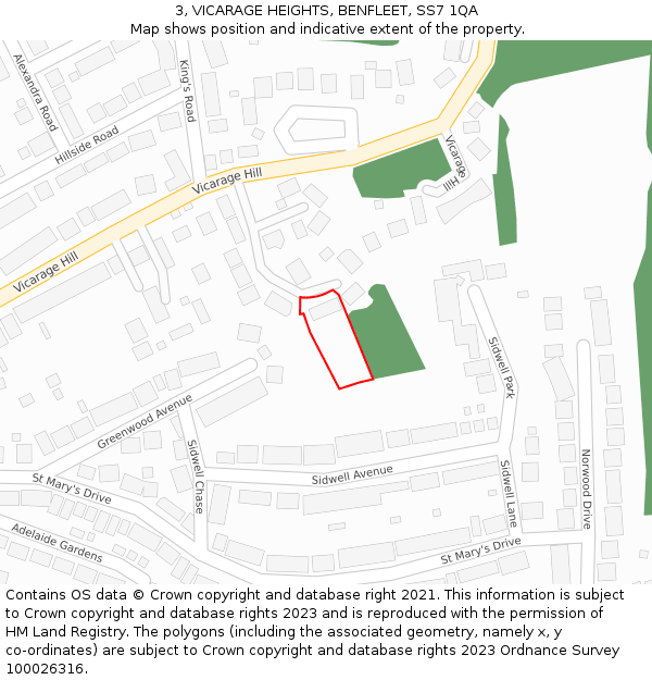 3, VICARAGE HEIGHTS, BENFLEET, SS7 1QA: Location map and indicative extent of plot