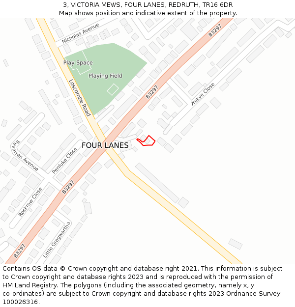 3, VICTORIA MEWS, FOUR LANES, REDRUTH, TR16 6DR: Location map and indicative extent of plot