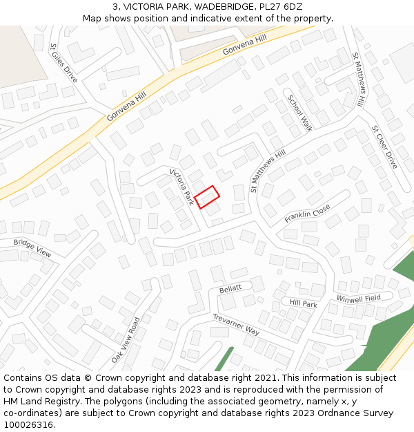 3, VICTORIA PARK, WADEBRIDGE, PL27 6DZ: Location map and indicative extent of plot