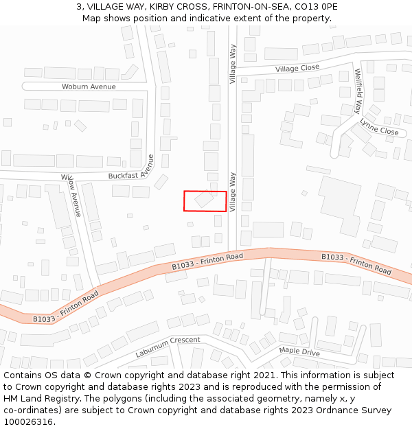 3, VILLAGE WAY, KIRBY CROSS, FRINTON-ON-SEA, CO13 0PE: Location map and indicative extent of plot