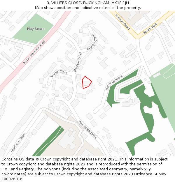 3, VILLIERS CLOSE, BUCKINGHAM, MK18 1JH: Location map and indicative extent of plot