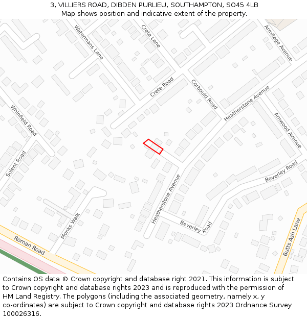 3, VILLIERS ROAD, DIBDEN PURLIEU, SOUTHAMPTON, SO45 4LB: Location map and indicative extent of plot