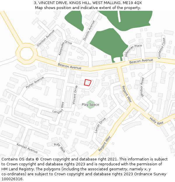 3, VINCENT DRIVE, KINGS HILL, WEST MALLING, ME19 4QX: Location map and indicative extent of plot