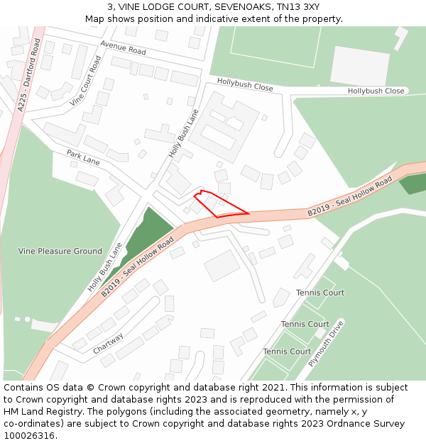 3, VINE LODGE COURT, SEVENOAKS, TN13 3XY: Location map and indicative extent of plot