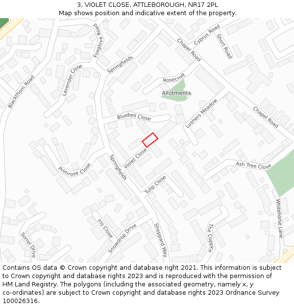 3, VIOLET CLOSE, ATTLEBOROUGH, NR17 2PL: Location map and indicative extent of plot