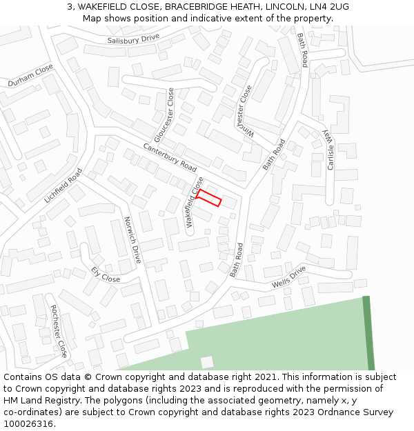 3, WAKEFIELD CLOSE, BRACEBRIDGE HEATH, LINCOLN, LN4 2UG: Location map and indicative extent of plot