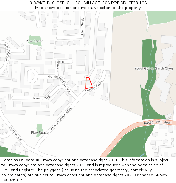 3, WAKELIN CLOSE, CHURCH VILLAGE, PONTYPRIDD, CF38 1GA: Location map and indicative extent of plot