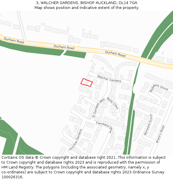 3, WALCHER GARDENS, BISHOP AUCKLAND, DL14 7GA: Location map and indicative extent of plot