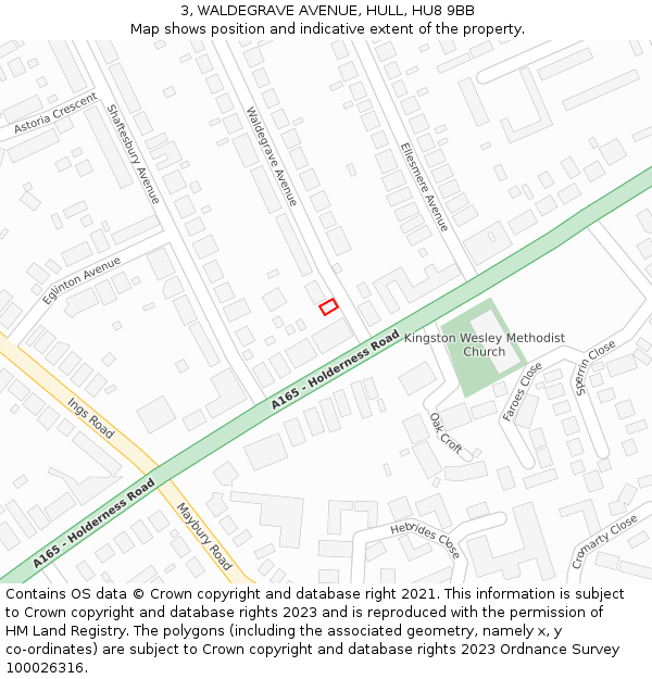 3, WALDEGRAVE AVENUE, HULL, HU8 9BB: Location map and indicative extent of plot