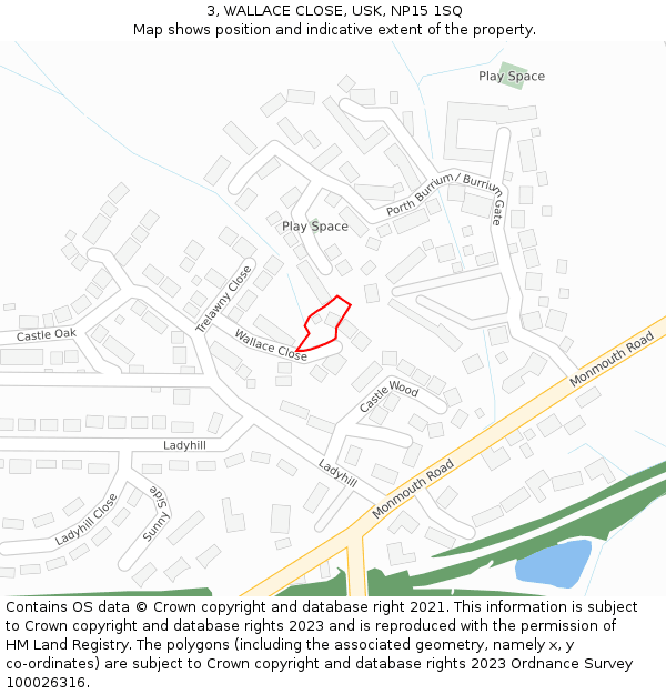 3, WALLACE CLOSE, USK, NP15 1SQ: Location map and indicative extent of plot