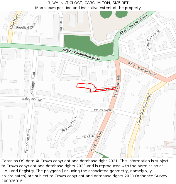 3, WALNUT CLOSE, CARSHALTON, SM5 3RT: Location map and indicative extent of plot