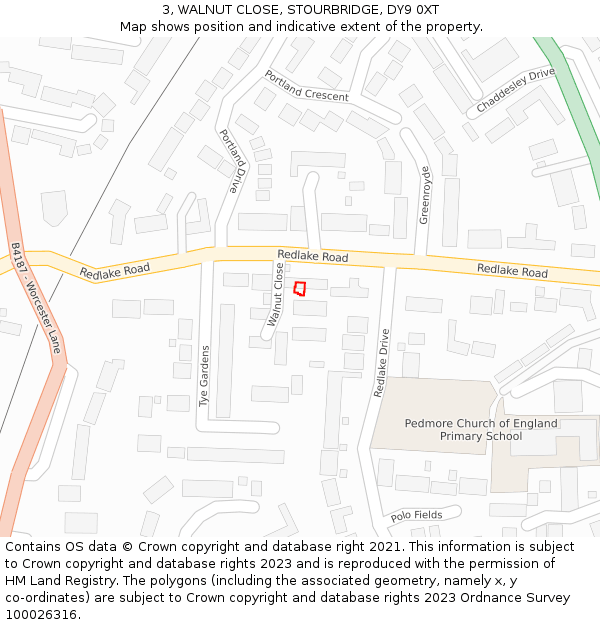 3, WALNUT CLOSE, STOURBRIDGE, DY9 0XT: Location map and indicative extent of plot