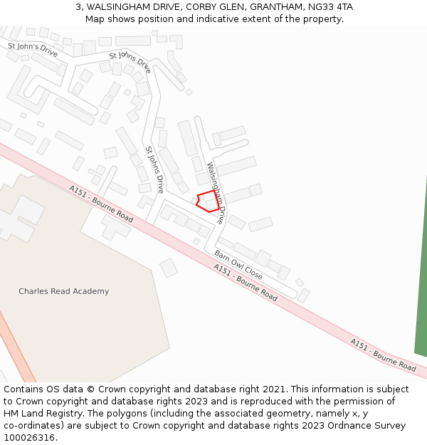 3, WALSINGHAM DRIVE, CORBY GLEN, GRANTHAM, NG33 4TA: Location map and indicative extent of plot