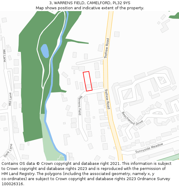 3, WARRENS FIELD, CAMELFORD, PL32 9YS: Location map and indicative extent of plot