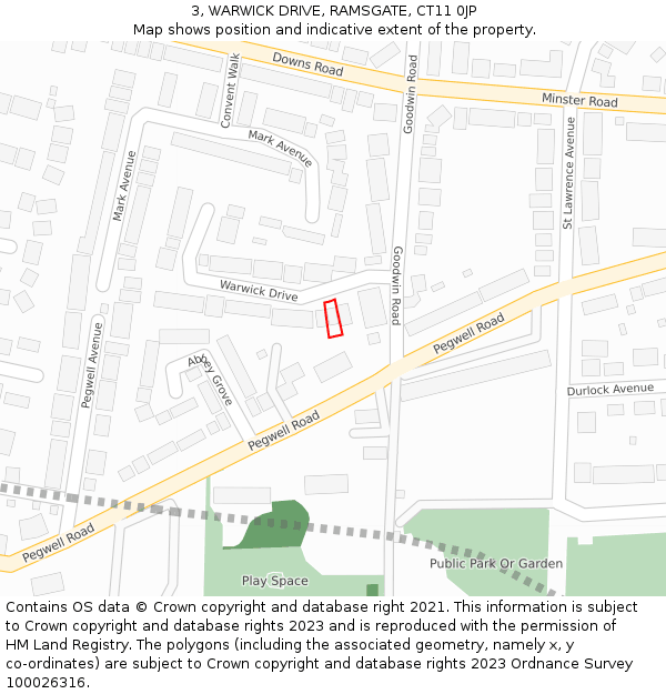 3, WARWICK DRIVE, RAMSGATE, CT11 0JP: Location map and indicative extent of plot