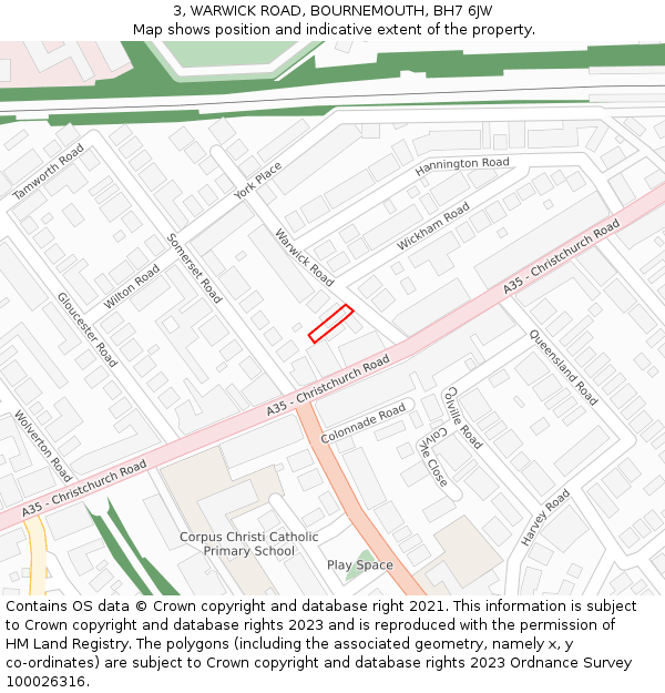 3, WARWICK ROAD, BOURNEMOUTH, BH7 6JW: Location map and indicative extent of plot