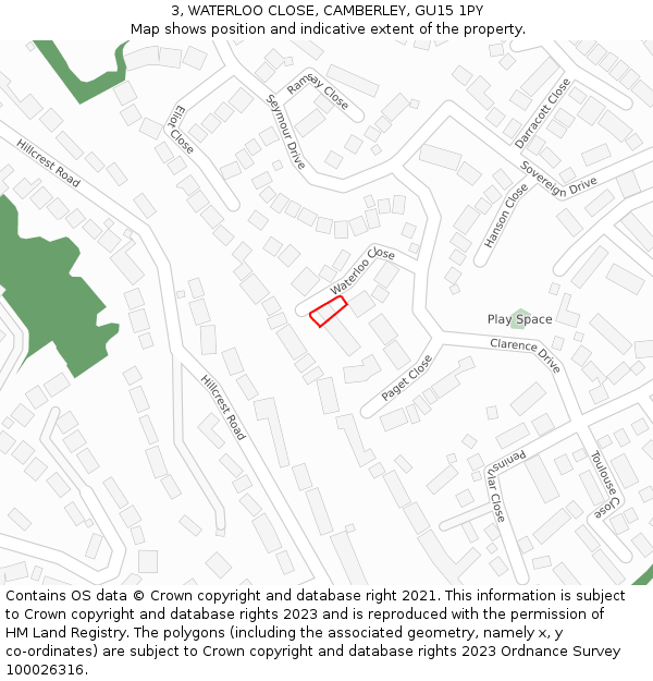 3, WATERLOO CLOSE, CAMBERLEY, GU15 1PY: Location map and indicative extent of plot