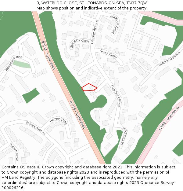 3, WATERLOO CLOSE, ST LEONARDS-ON-SEA, TN37 7QW: Location map and indicative extent of plot