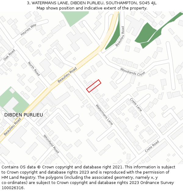 3, WATERMANS LANE, DIBDEN PURLIEU, SOUTHAMPTON, SO45 4JL: Location map and indicative extent of plot