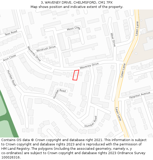 3, WAVENEY DRIVE, CHELMSFORD, CM1 7PX: Location map and indicative extent of plot